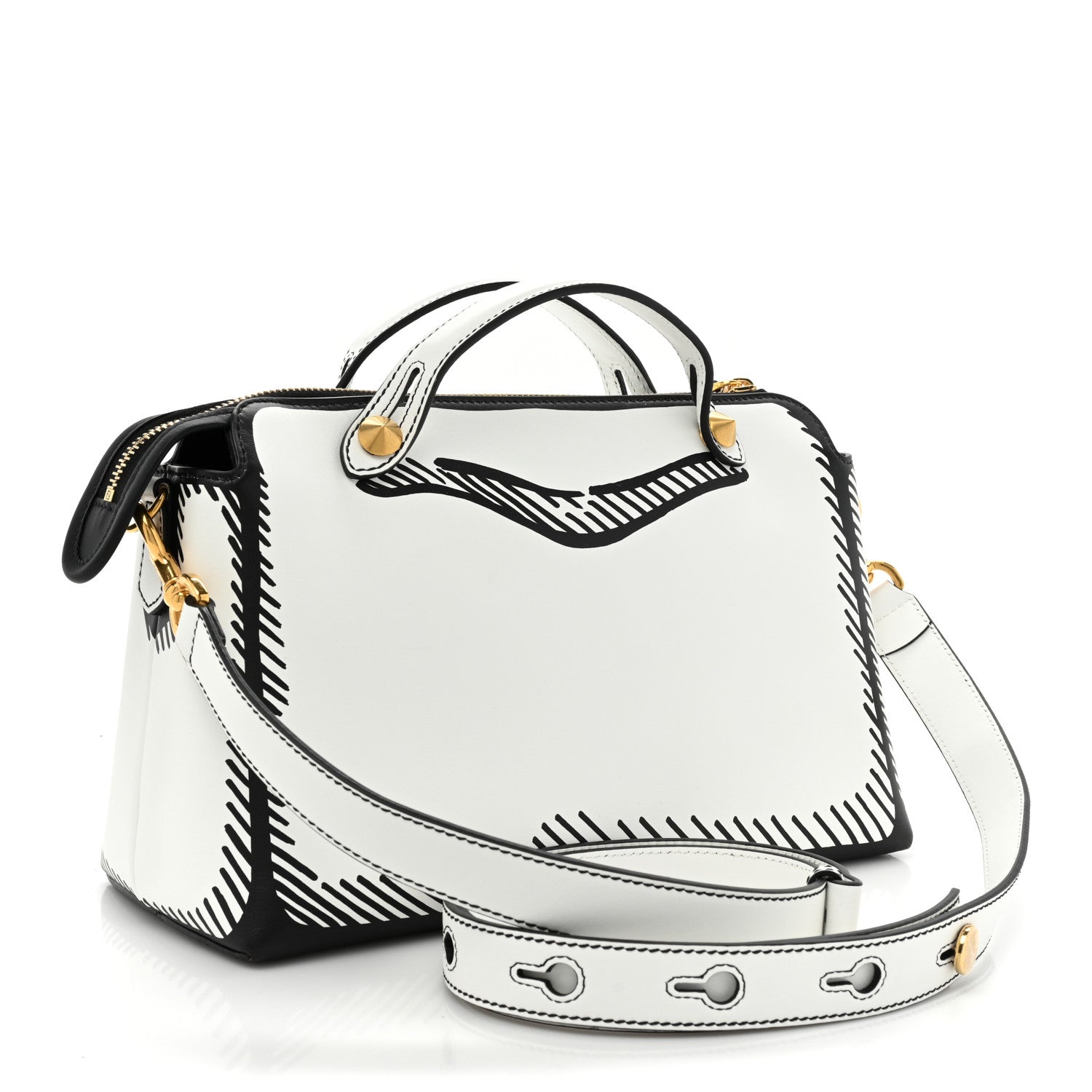 Fendi X JOSHUA VIDES Vitello Century Logo Medium By The Way Boston Bag White Black 3 of 17