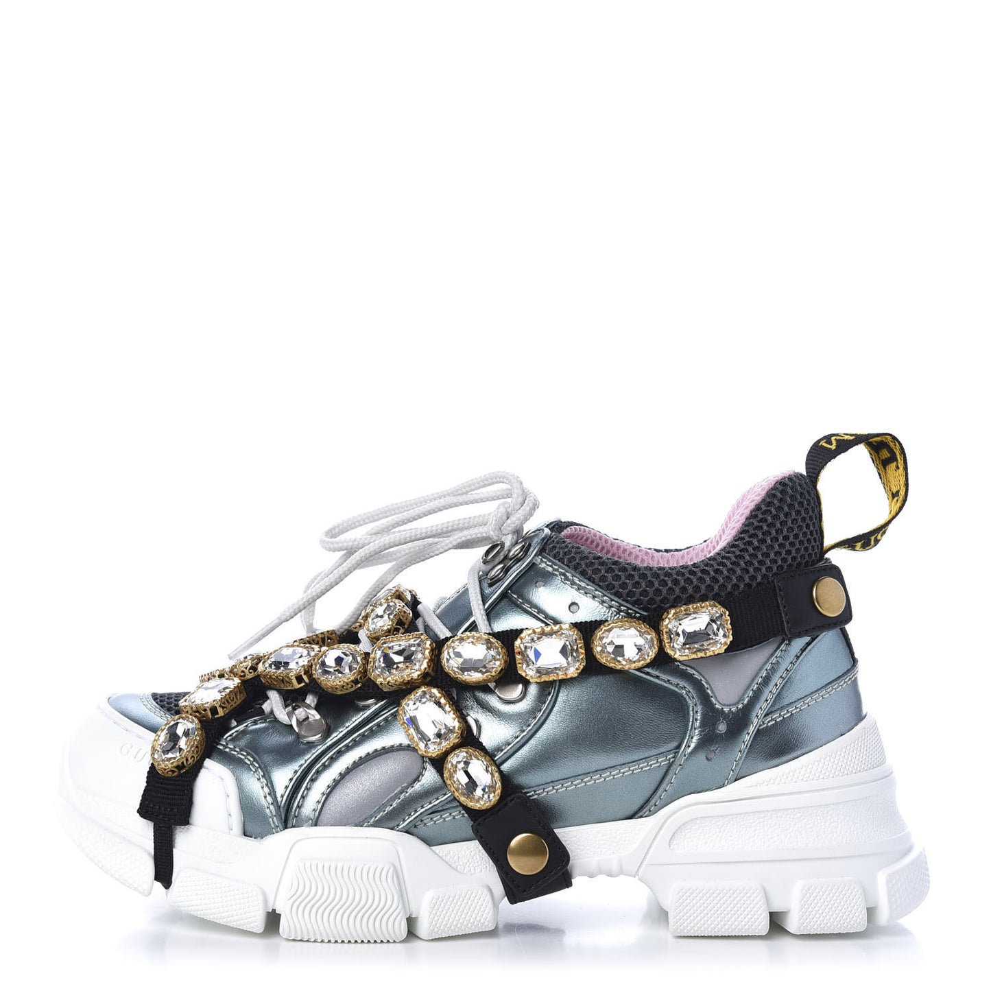 X SEGA Metallic Calfskin Removable Crystals Womens Flashtrek Sneakers 37.5 Lago Loess Silver