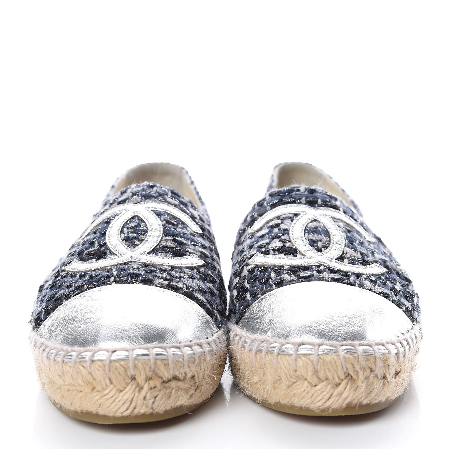 Chanel Metallic Tweed Lambskin CC Espadrilles 37 Blue Black Silver 2 of 12