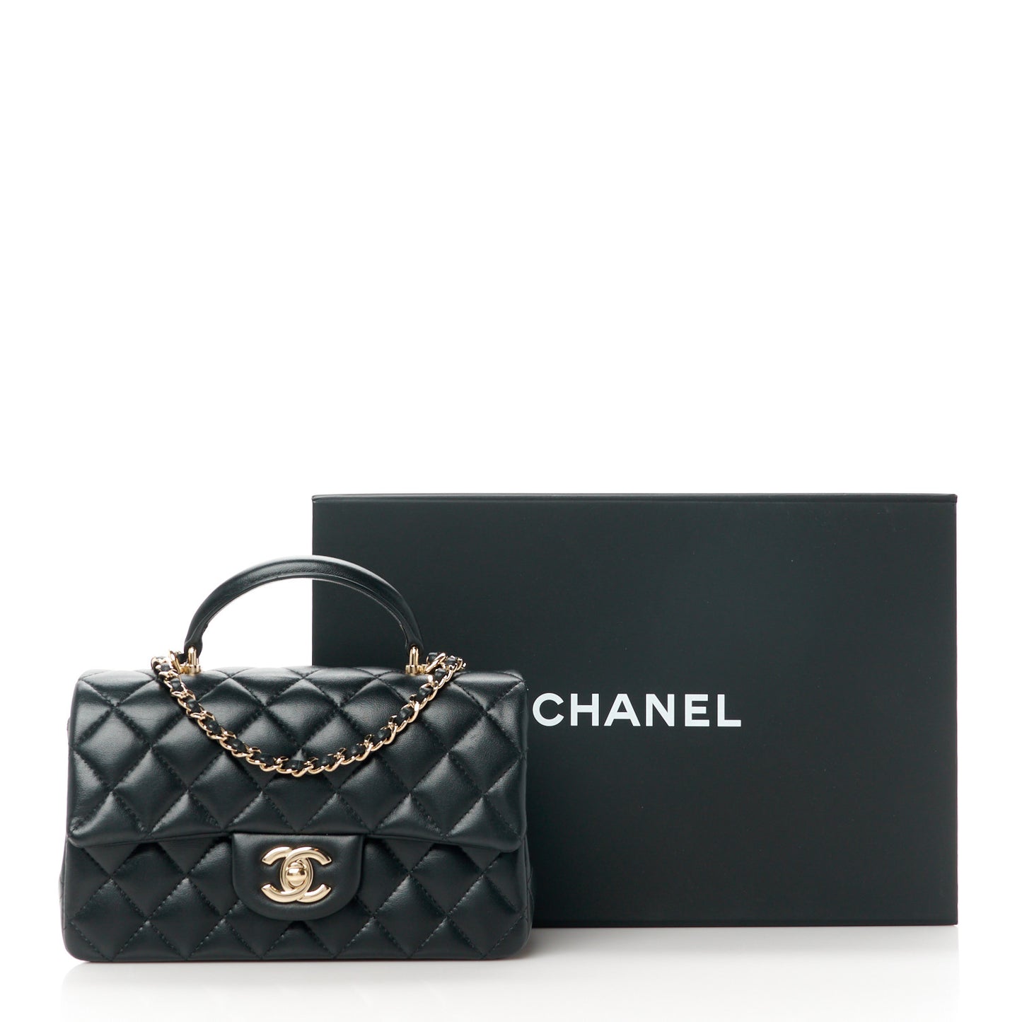 Lambskin Quilted Mini Top Handle Rectangular Flap Black