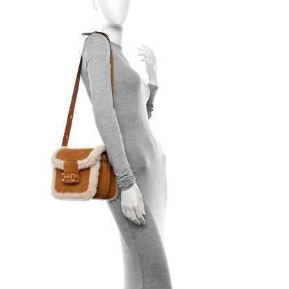 Gucci Suede Shearling Horsebit 1955 Shoulder Bag Honey Beige Milk 2 of 9