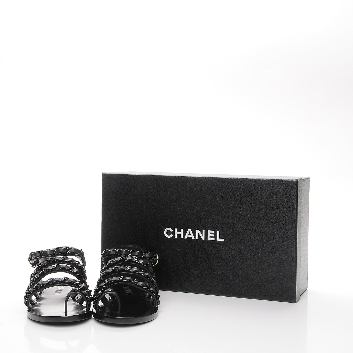 Calfskin Chain Flat Sandals 37.5 Black