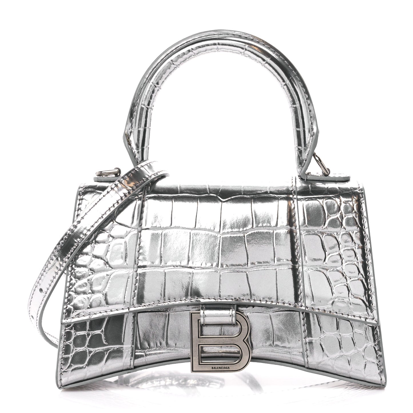 Metallic Shiny Calfskin Crocodile Embossed Hourglass Top Handle Bag XS Aluminum