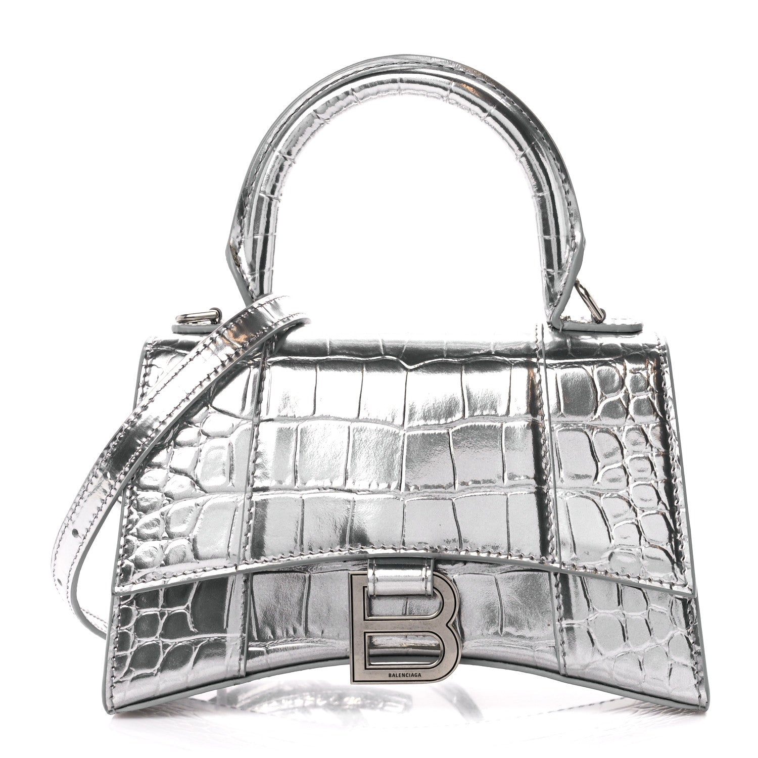Balenciaga Metallic Shiny Calfskin Crocodile Embossed Hourglass Top Handle Bag XS Aluminum 1 of 11