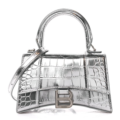 Balenciaga Metallic Shiny Calfskin Crocodile Embossed Hourglass Top Handle Bag XS Aluminum 1 of 11
