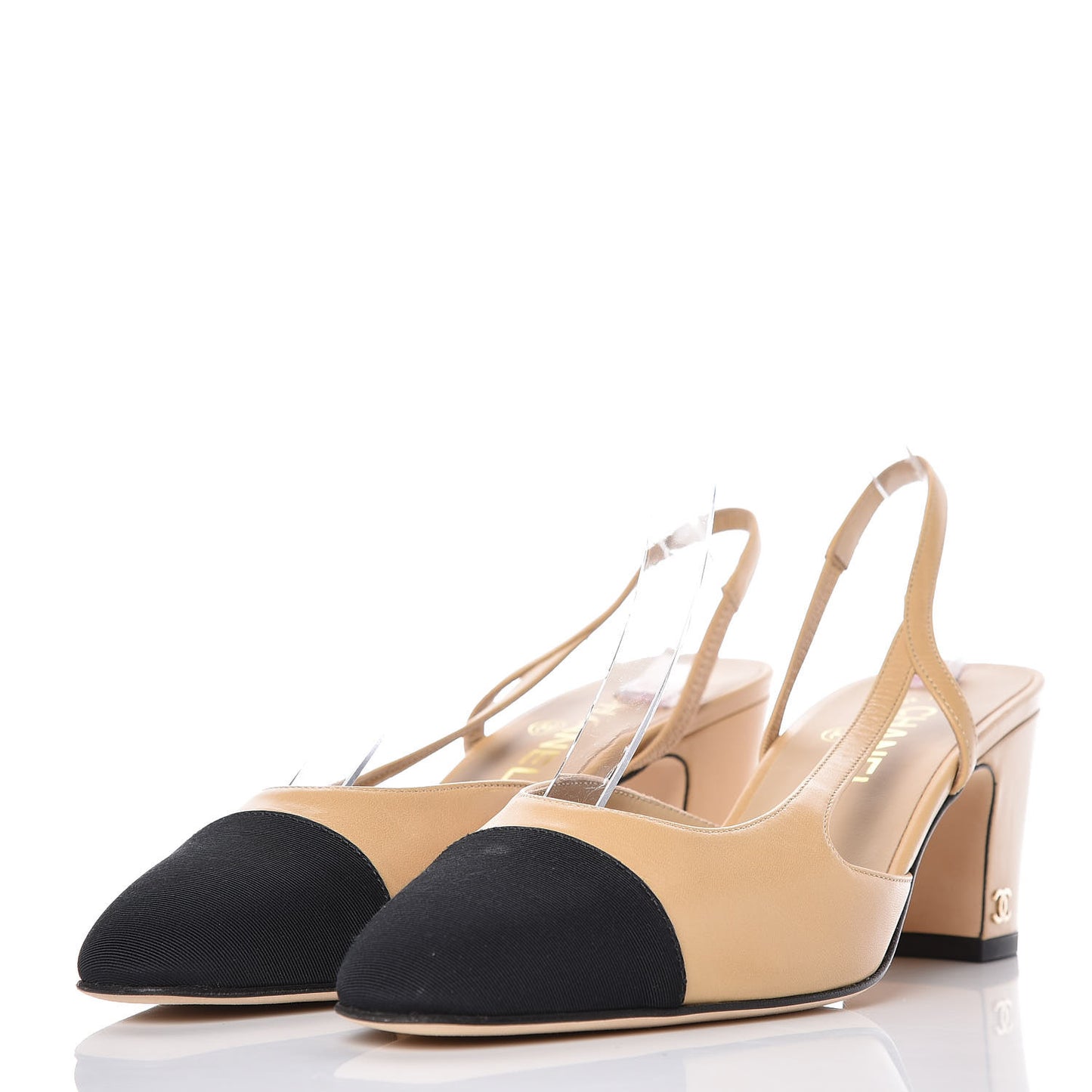 Goatskin Grosgrain Cap Toe CC Slingback Pumps 39 Beige Black