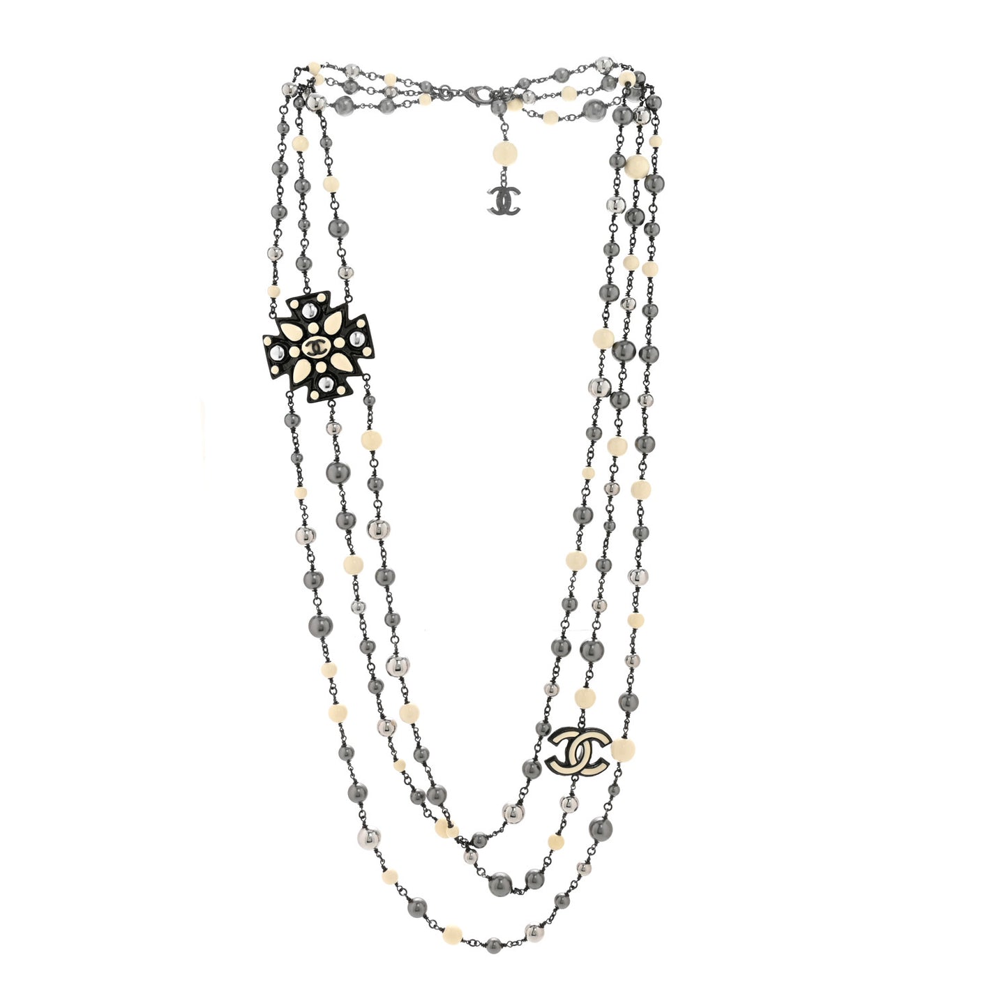 Gripoix Poured Glass CC Multi Strand Necklace Ruthenium