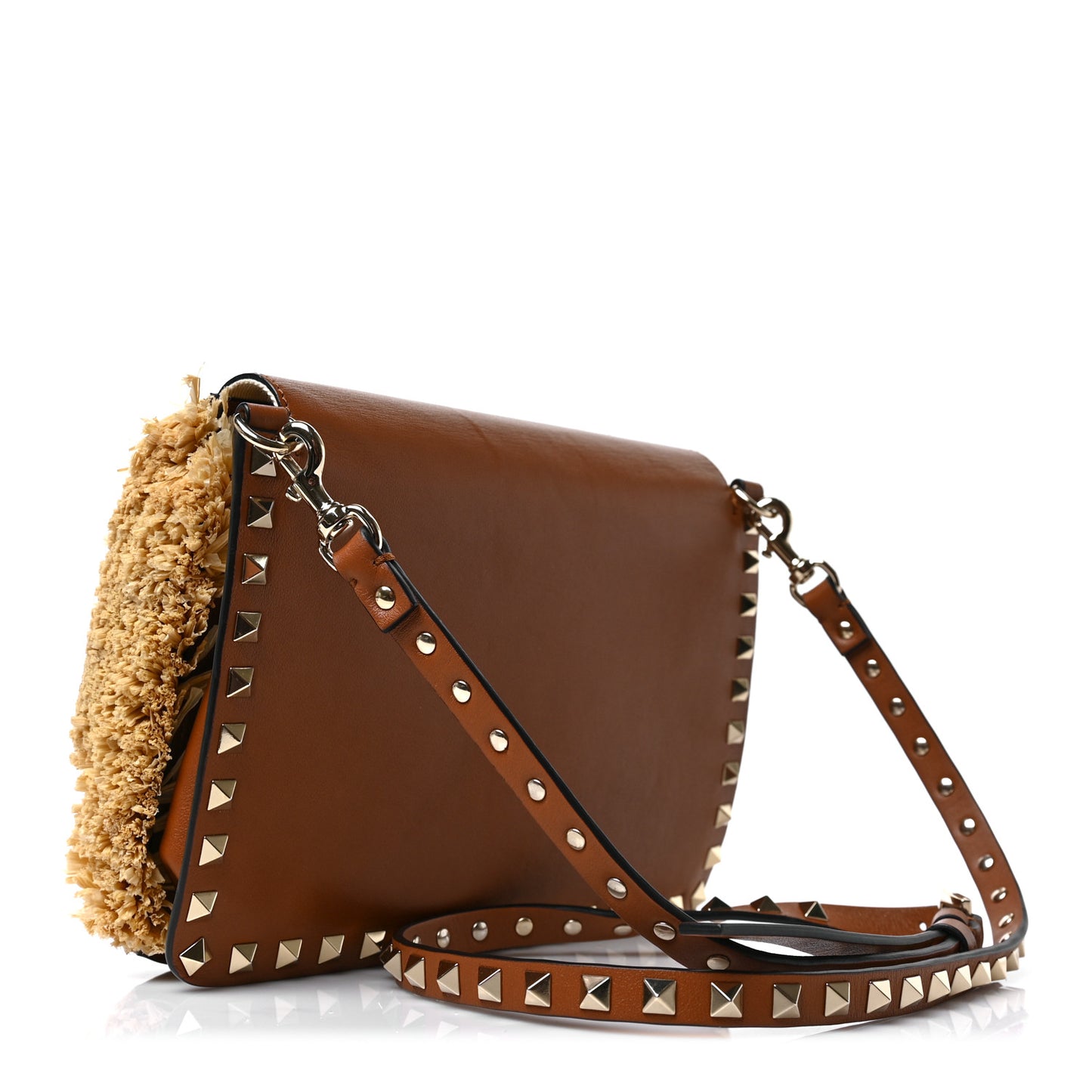 Raffia Calfskin Small Rockstud Shoulder Bag Natural Selleria