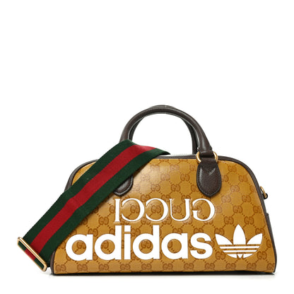 Gucci X ADIDAS Crystal Vintage Monogram Textured Dollar Calfskin Web Trefoil Logo Mini Bowling Bag Mid Natural Nut Off White New Acero 1 of 10