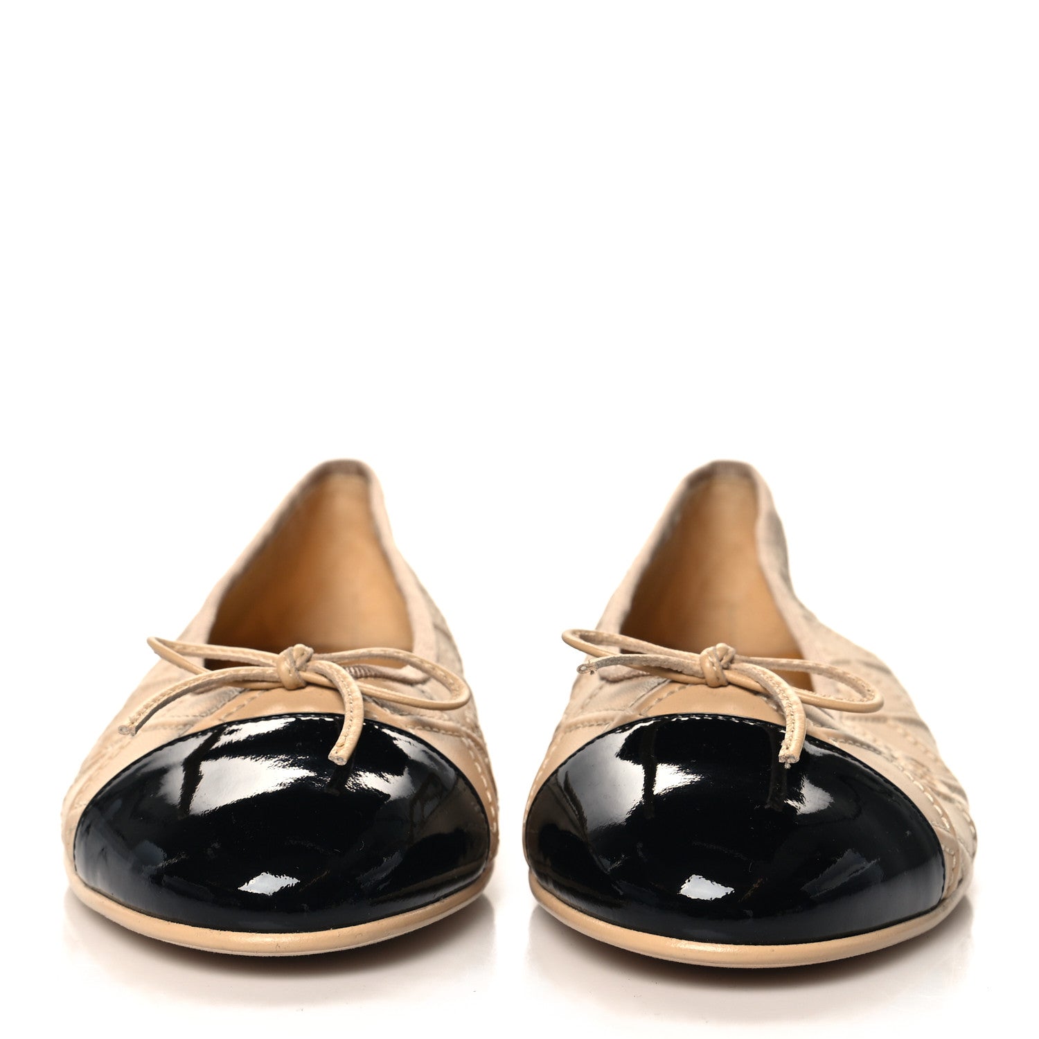 Chanel Lambskin Patent Double Stitched CC Cap Toe Ballerina Flats 40 Beige Black 3 of 9