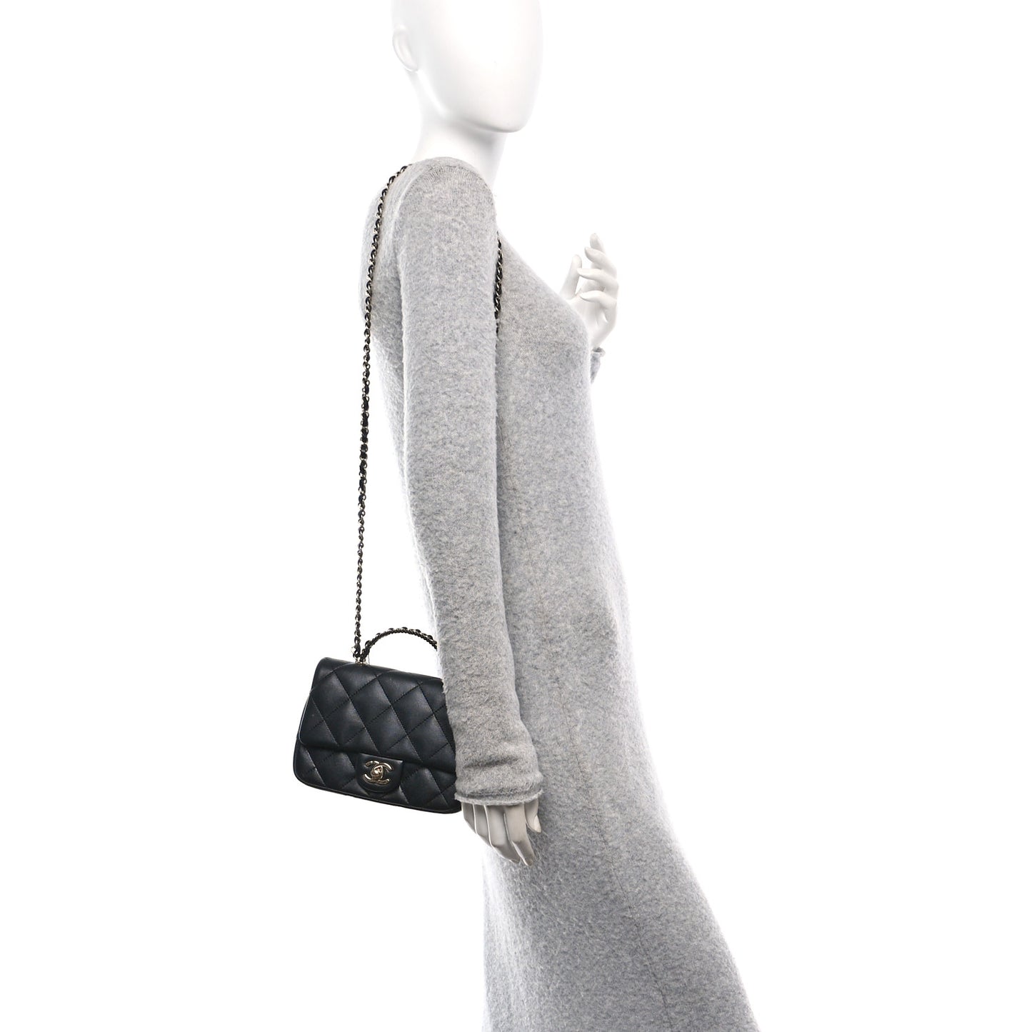 Lambskin Quilted Resin Pearl Chain Top Handle Flap Black