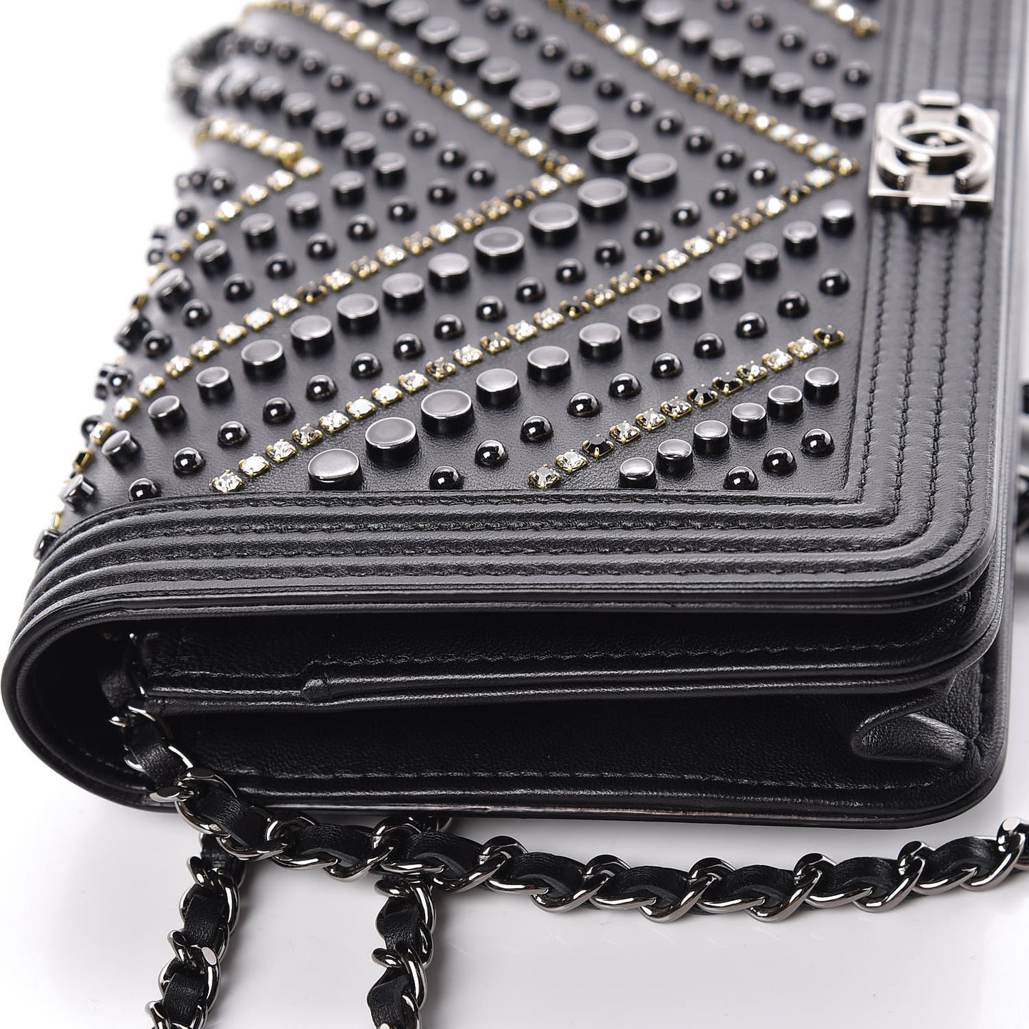 Calfskin Crystal Studded Chevron Boy Wallet On Chain WOC Black
