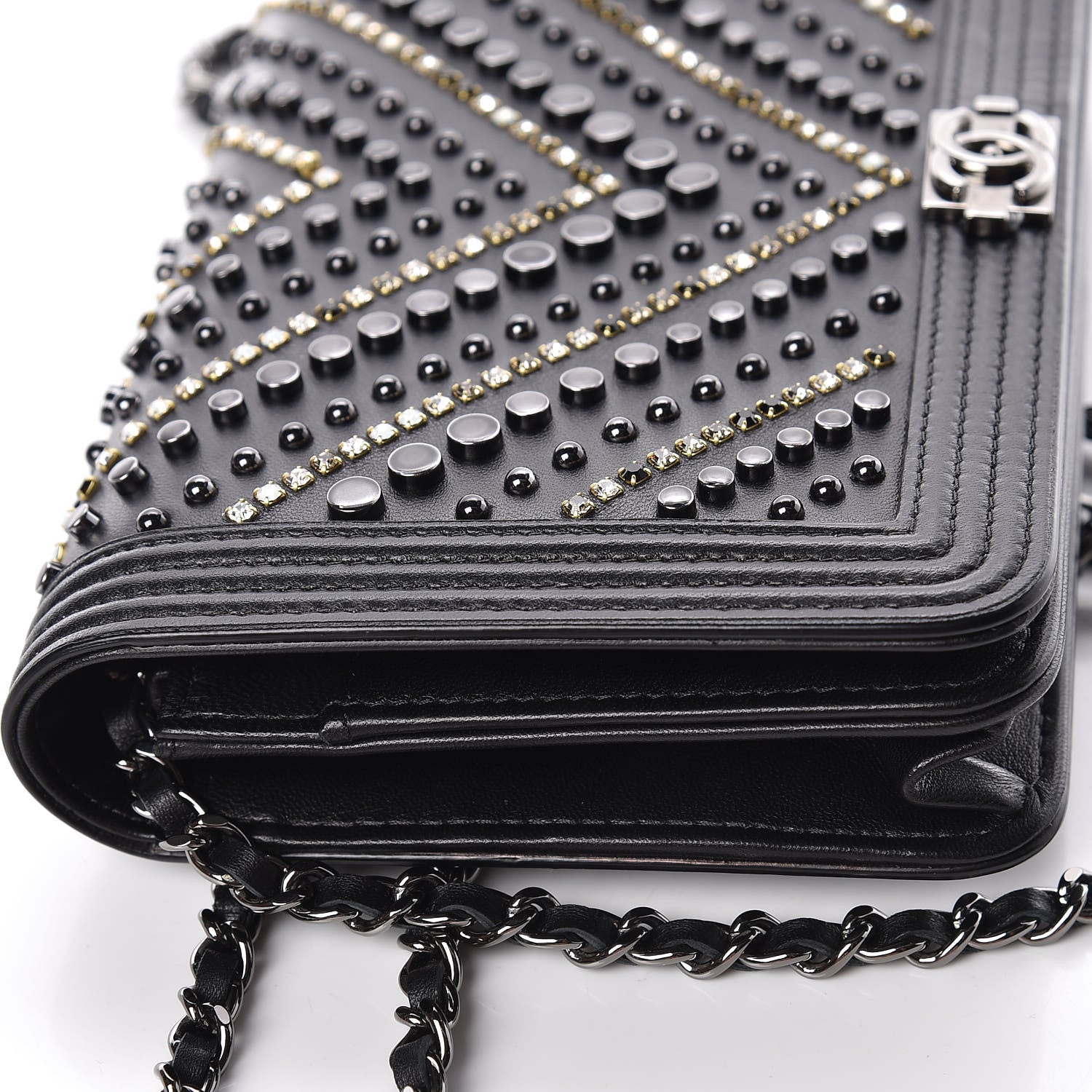 Chanel Calfskin Crystal Studded Chevron Boy Wallet On Chain WOC Black 14 of 17