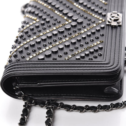 Chanel Calfskin Crystal Studded Chevron Boy Wallet On Chain WOC Black 14 of 17