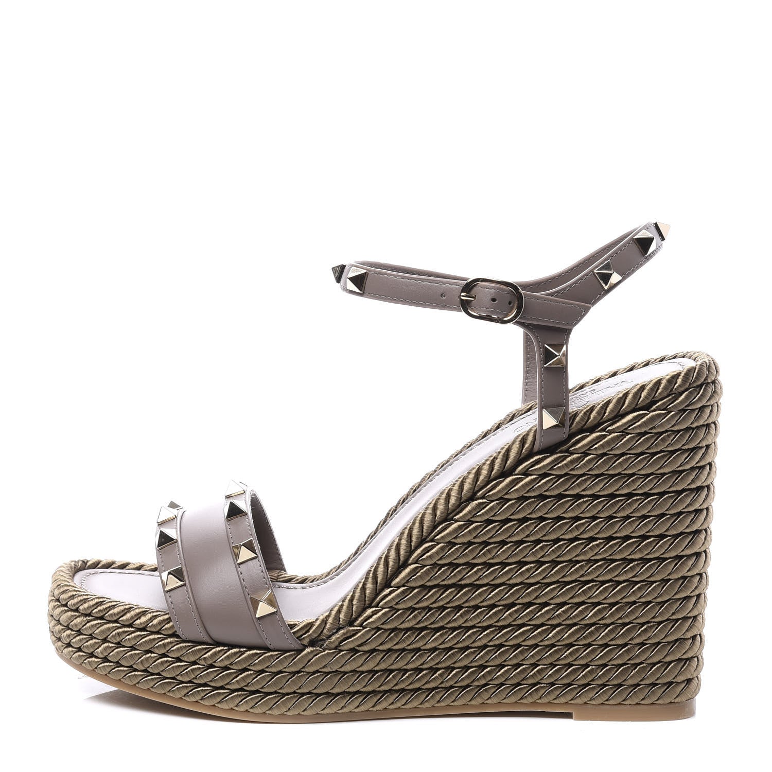 Valentino Garavani Silk Calfskin Rockstud Torchon Espadrille 25/115mm Wedge Sandals 40 Clay 1 of 11