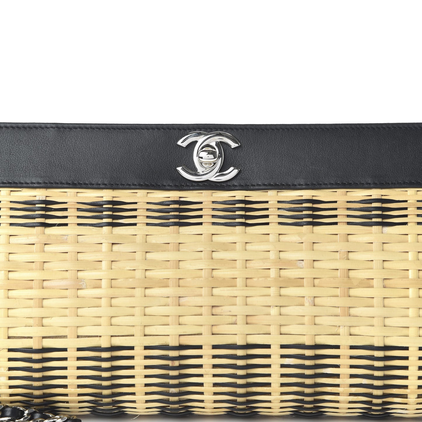Rattan Calfskin CC Chain Wristlet Clutch Black Beige