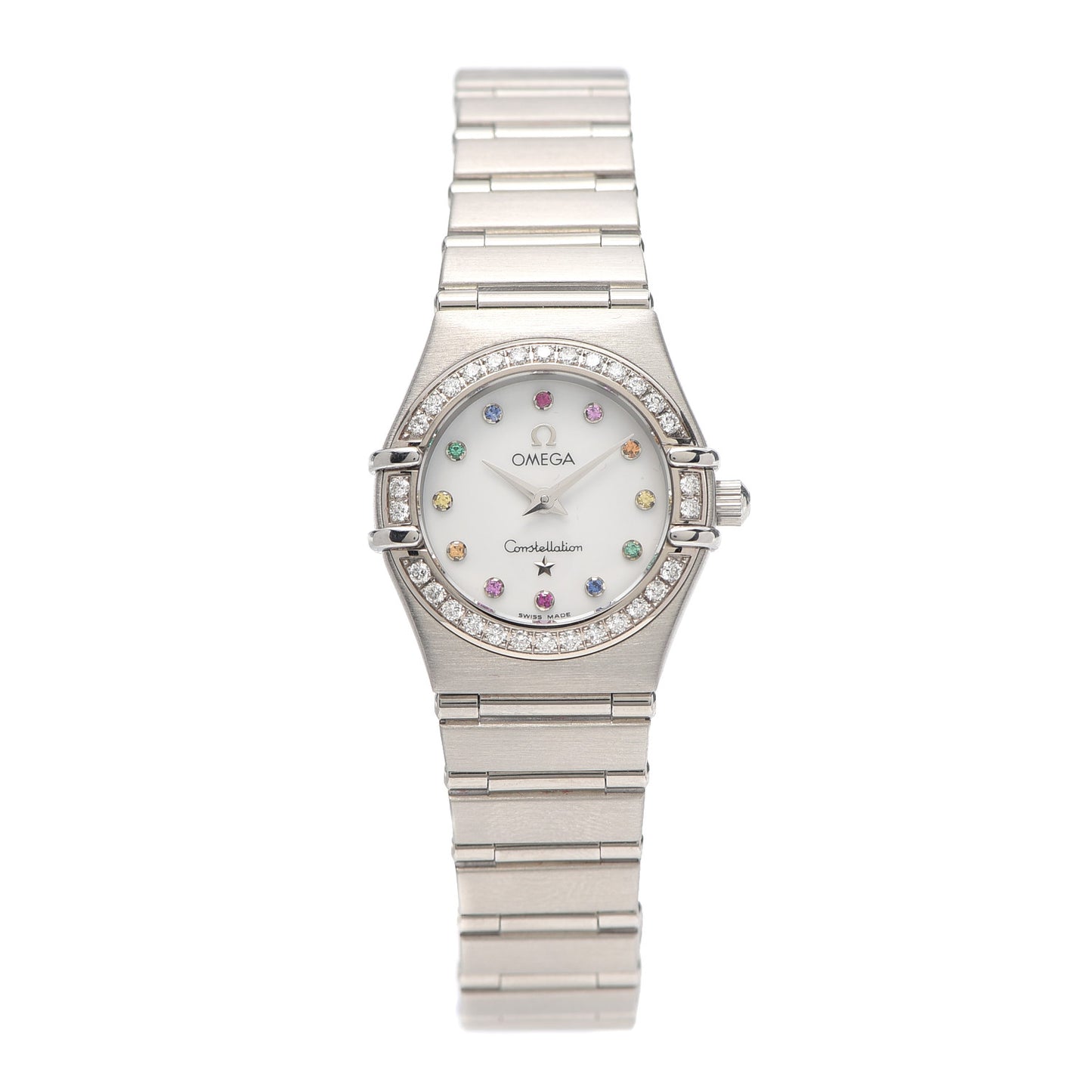 Stainless Steel Diamond Bezel Mother of Pearl Multi Gemstone 22mm Constellation Iris Rainbow Quartz Watch 1460.79