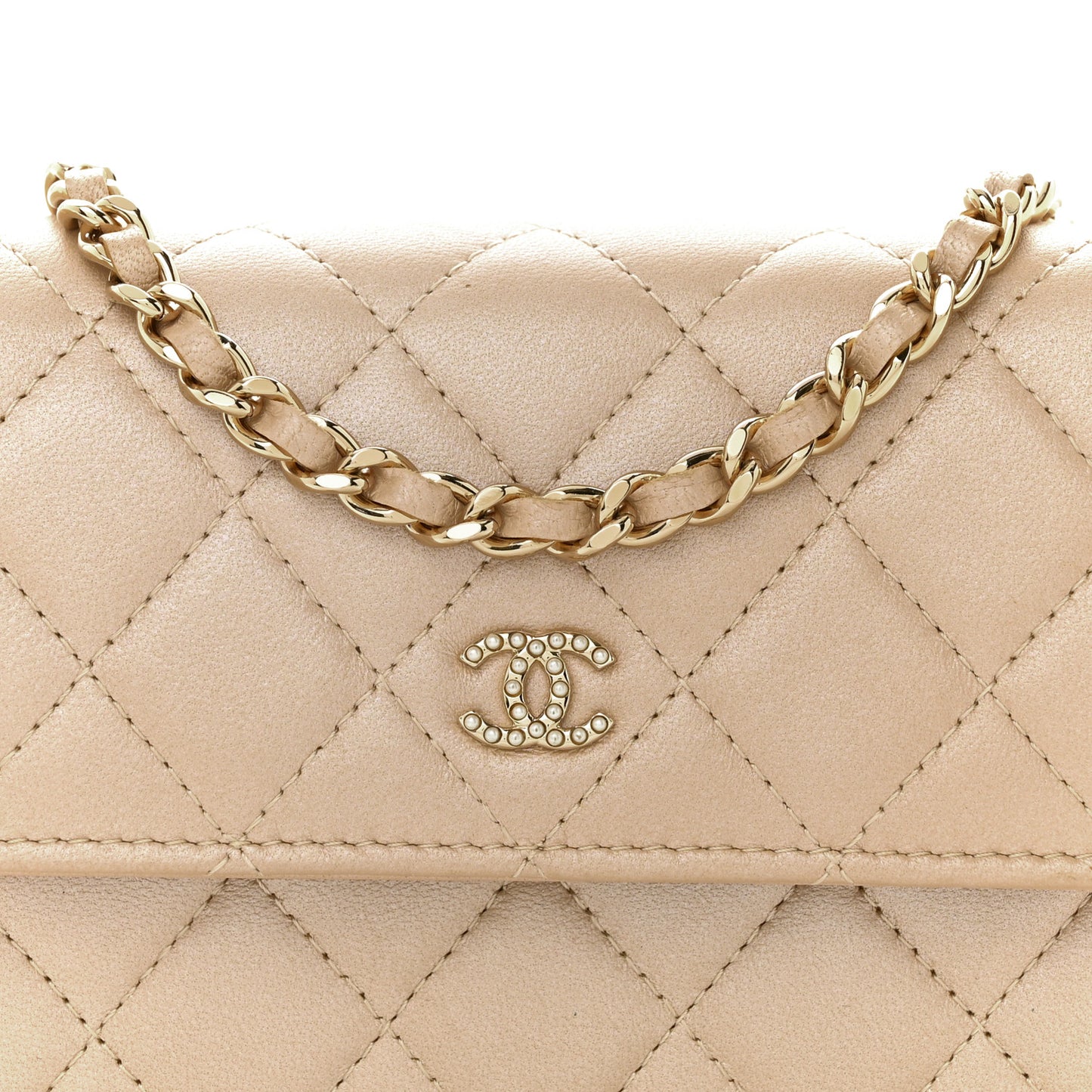 Lambskin Quilted Pearl My Shoulder Mini French Wallet On Chain WOC Light Beige
