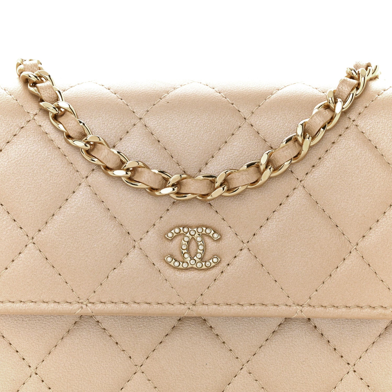 Chanel Lambskin Quilted Pearl My Shoulder Mini French Wallet On Chain WOC Light Beige 9 of 12
