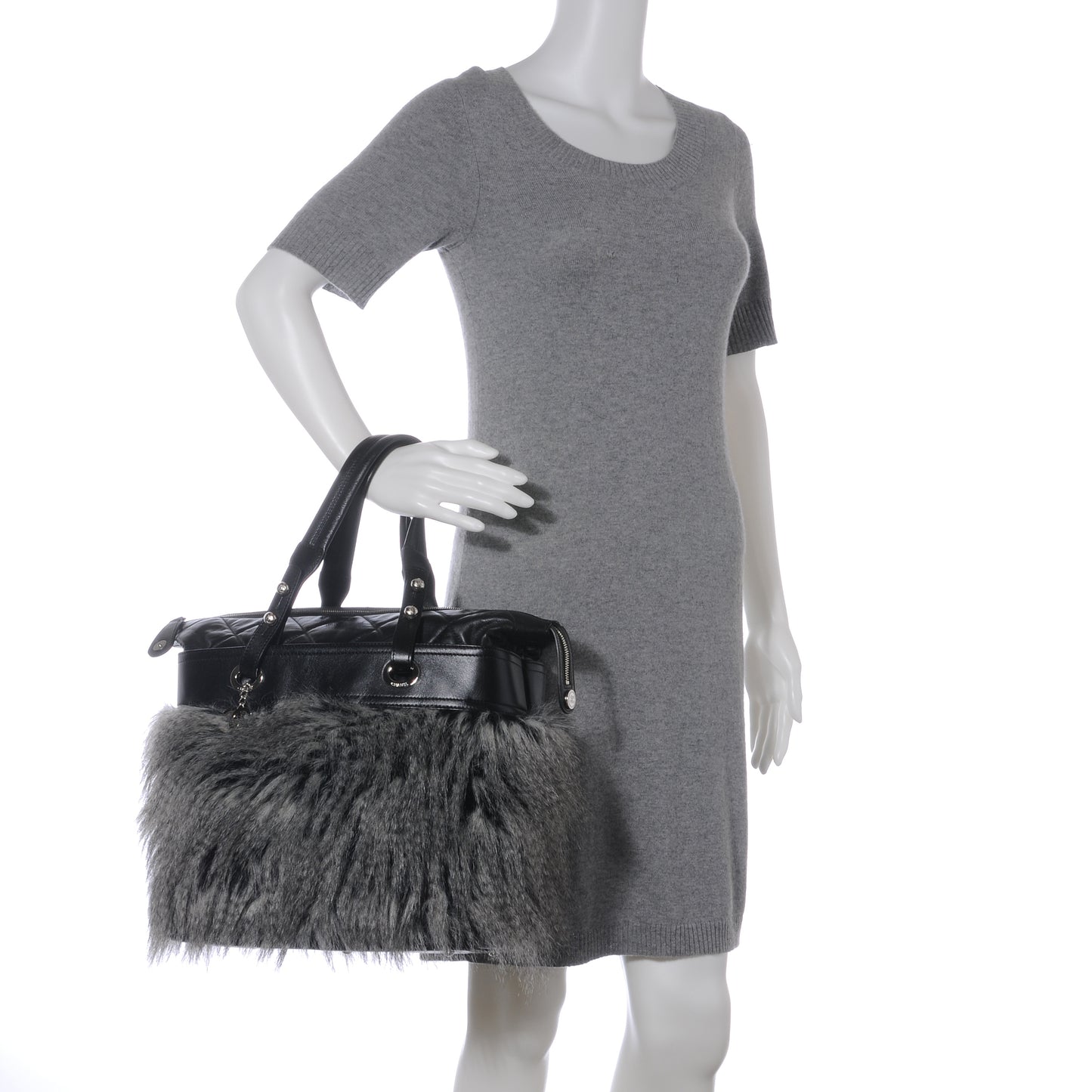 Quilted Lambskin Fantasy Fur Shopper Tote Black