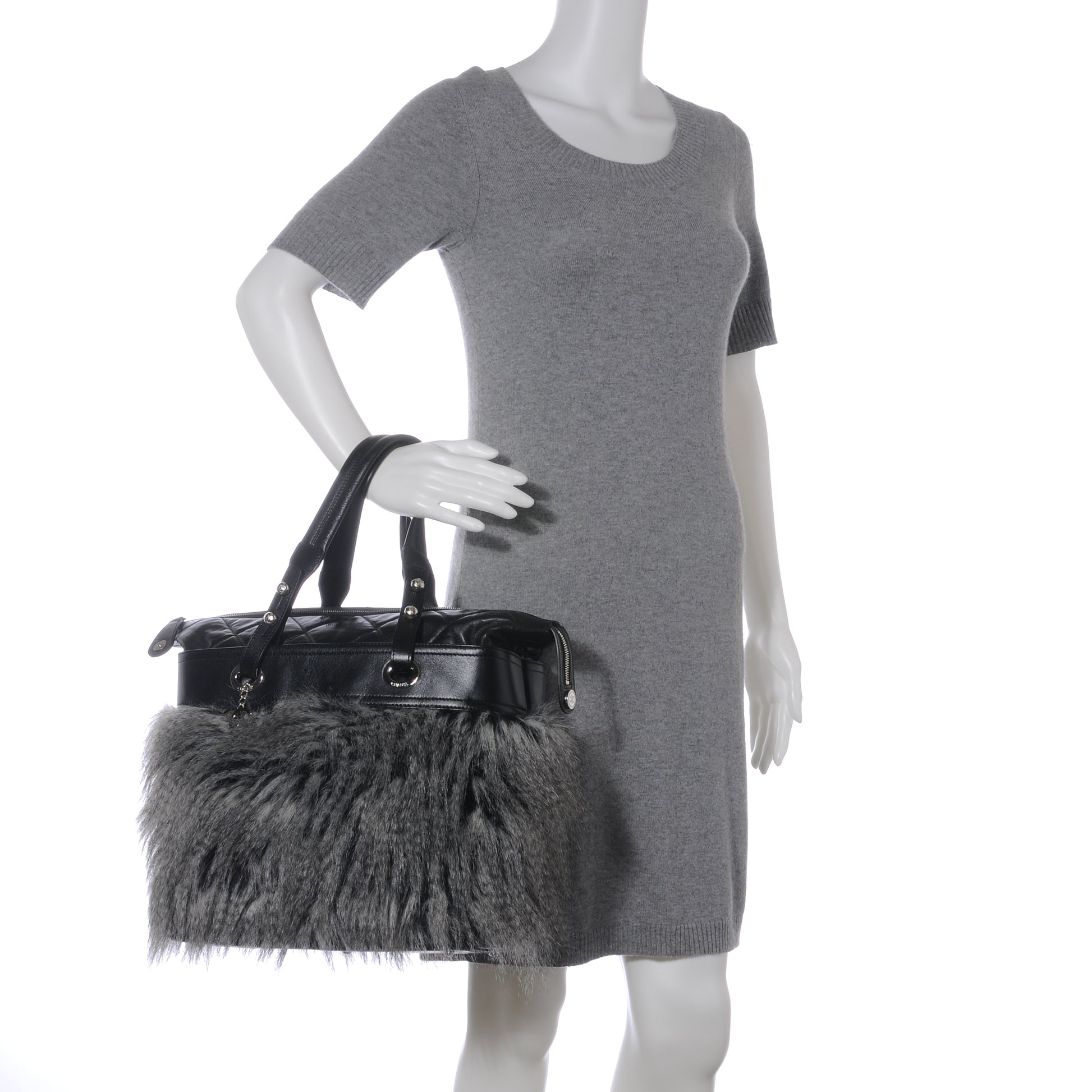 Chanel Quilted Lambskin Fantasy Fur Shopper Tote Black 2 of 7