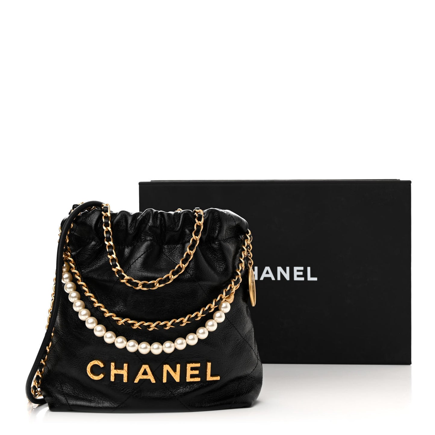 Shiny Crumpled Calfskin Quilted Pearl Mini Chanel 22 Black