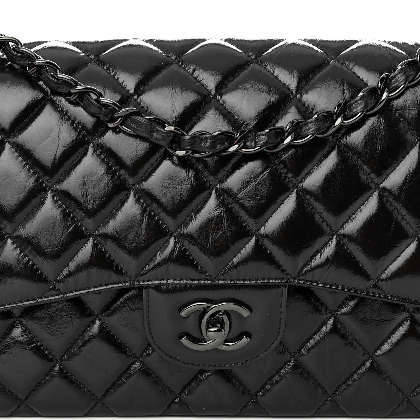 Shiny Distressed Calfskin Quilted Jumbo Double Flap So Black