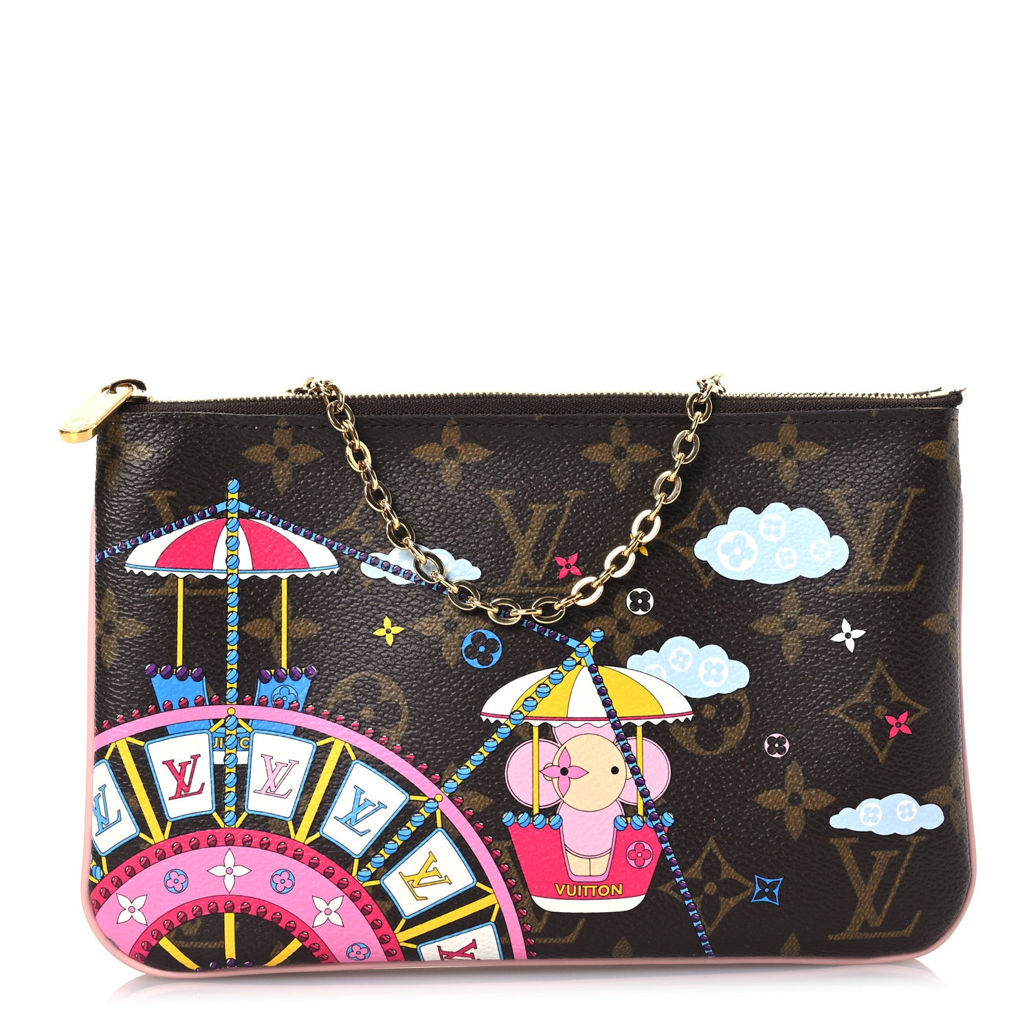 Louis Vuitton Monogram 2020 Christmas Animation Big Wheel Double Zip Pochette Rose Ballerine 1 of 16