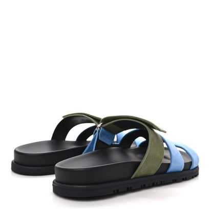 Hermes Suede Goatskin Womens Chypre Sandals 37 Bleu Cameo Vert 4 of 8