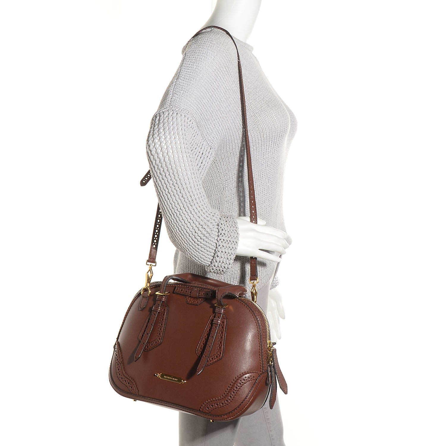 Burberry Lambskin Broguing Small Orchard Bowling Bag Dark Tan 2 of 14