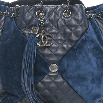 Chanel Goatskin Suede Calfskin Quilted Patchwork Drawstring Bag Blue 8 of 11