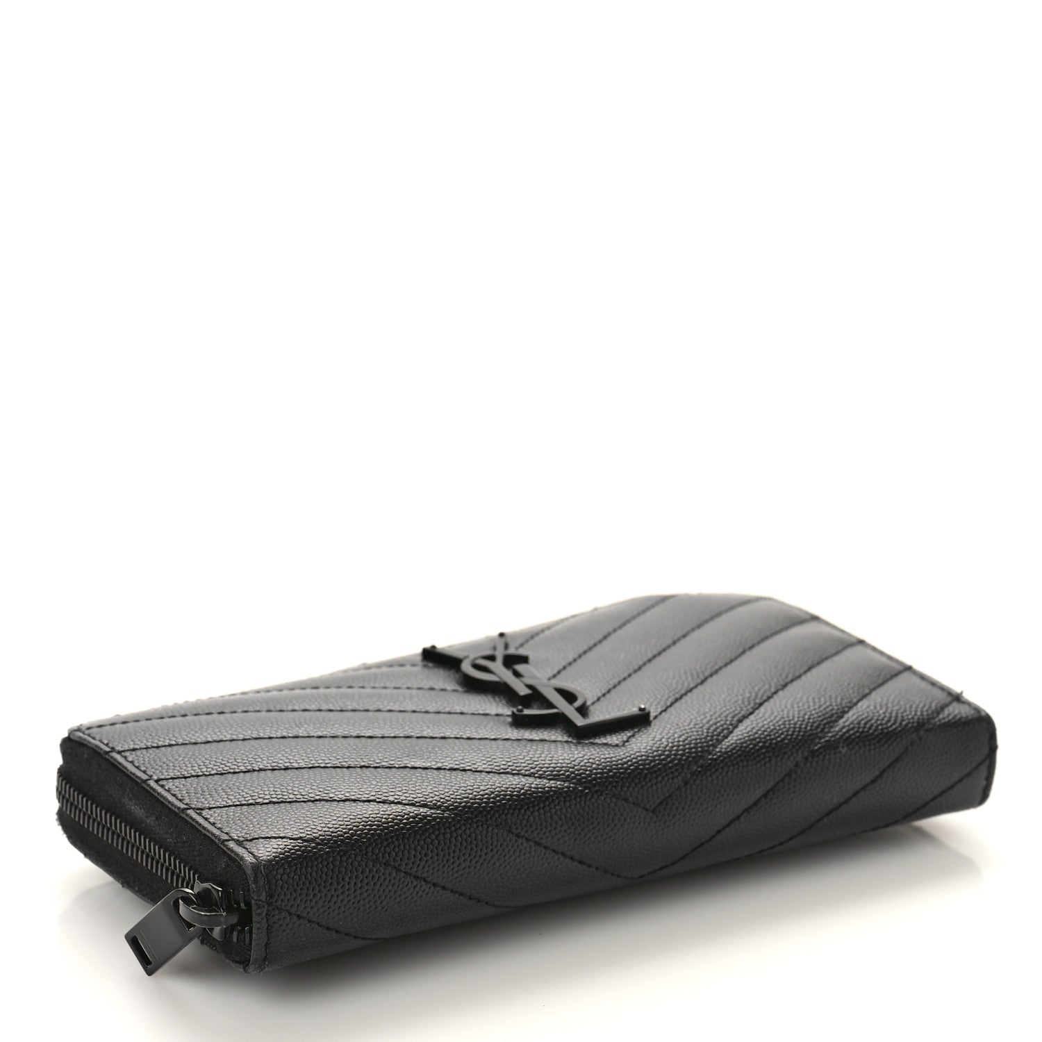 Saint Laurent Grain De Poudre Matelasse Chevron Monogram Monochrome Zip Around Wallet Black 4 of 8