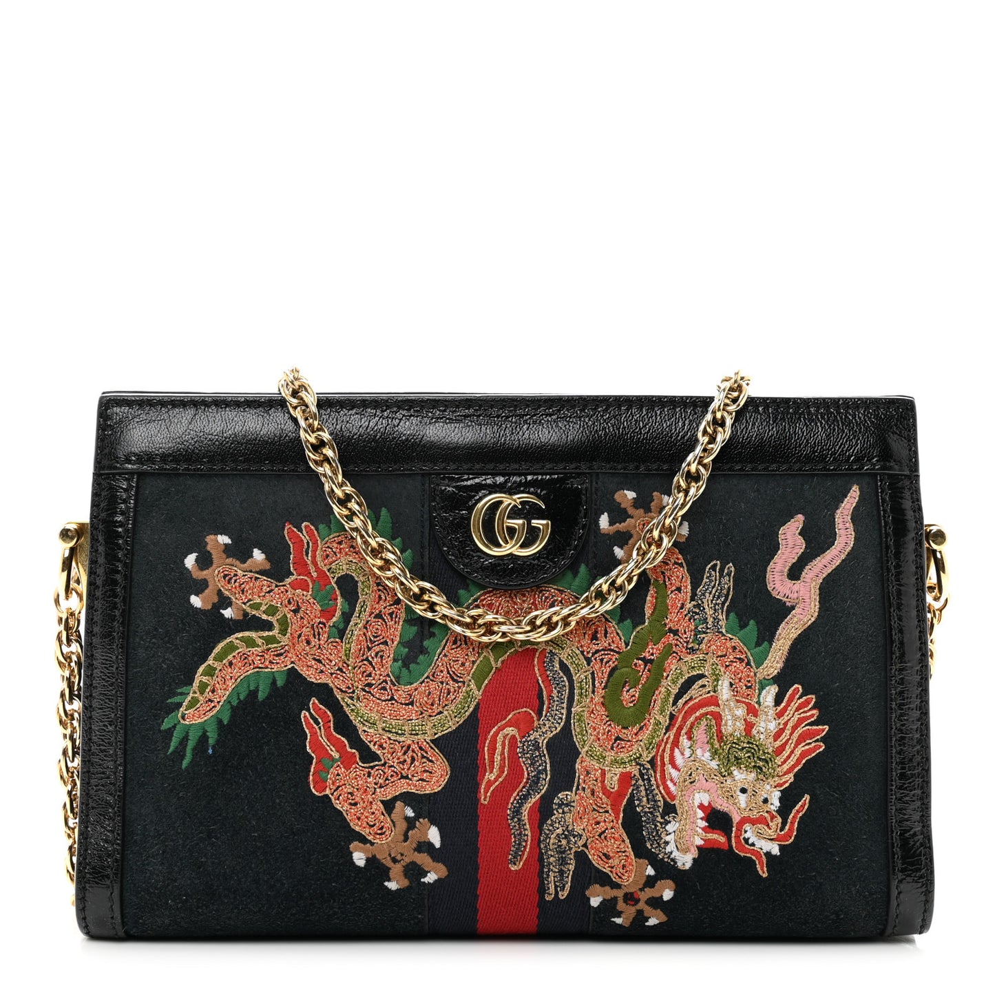 Suede Patent Web Dragon Embroidered Small Ophidia Chain Shoulder Bag Blue Black