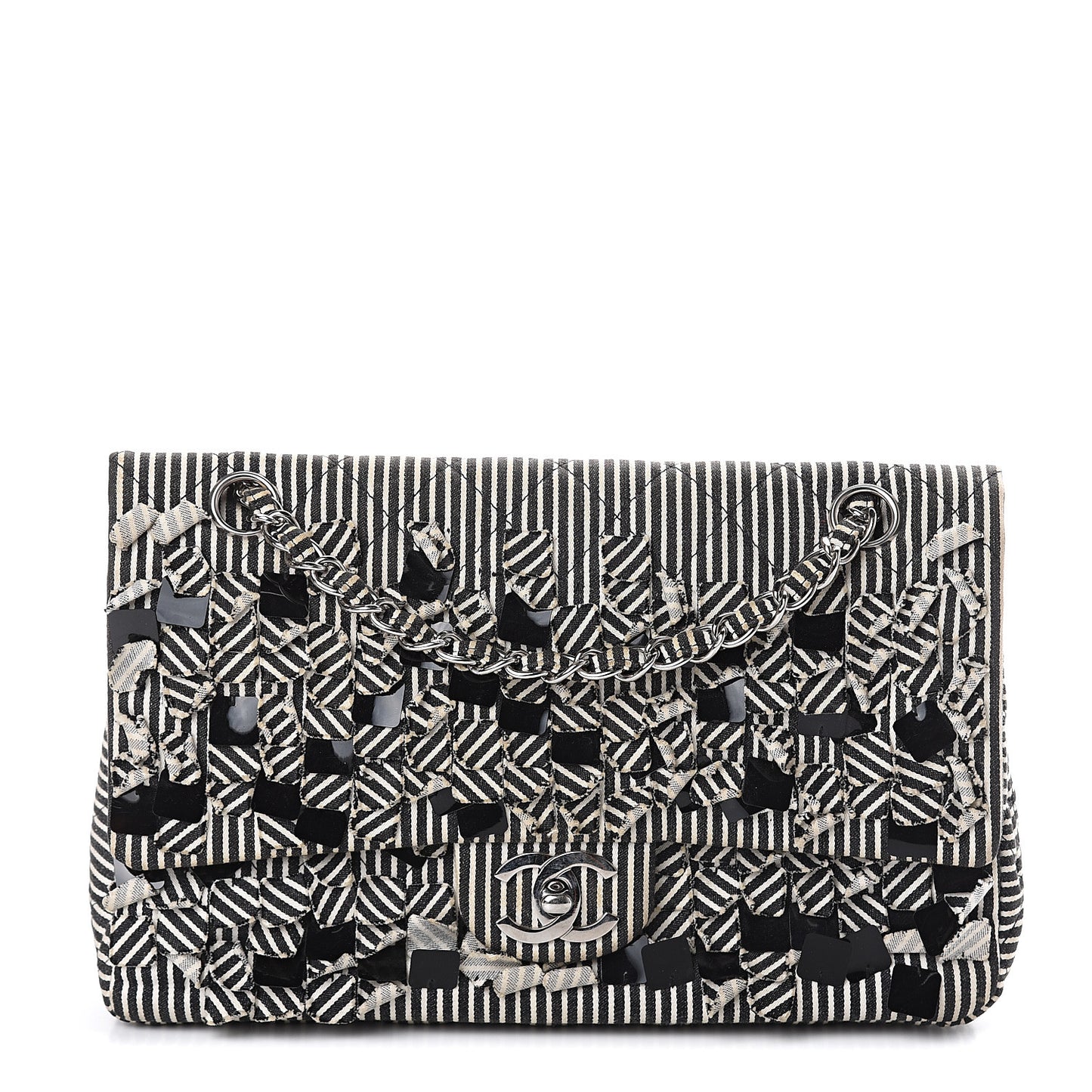 Canvas Sequin Stripe Medium Double Flap Black White