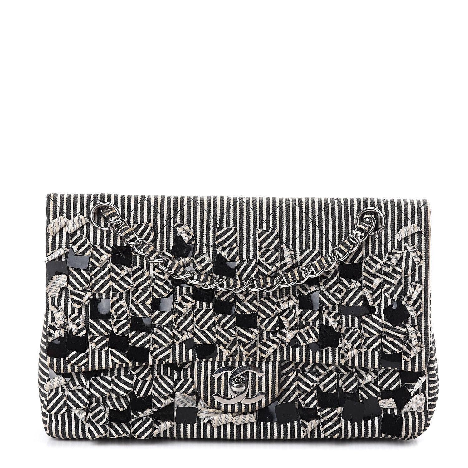 Chanel Canvas Sequin Stripe Medium Double Flap Black White 1 of 8