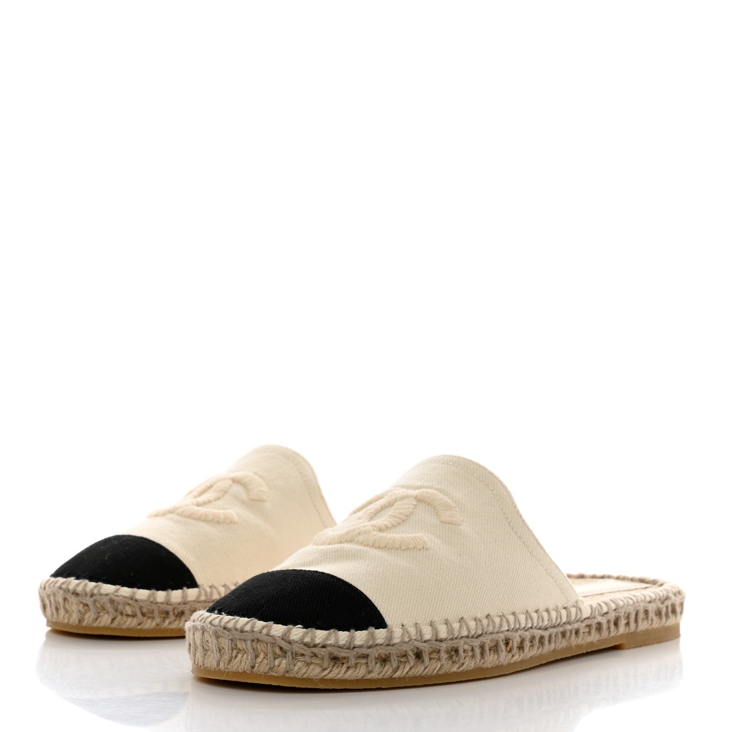 Chanel Denim CC Espadrille Mules 38 White Black 3 of 10