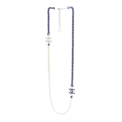 Chanel Pearl Bead Enamel CC Long Necklace Pearly White Blue 2 of 7