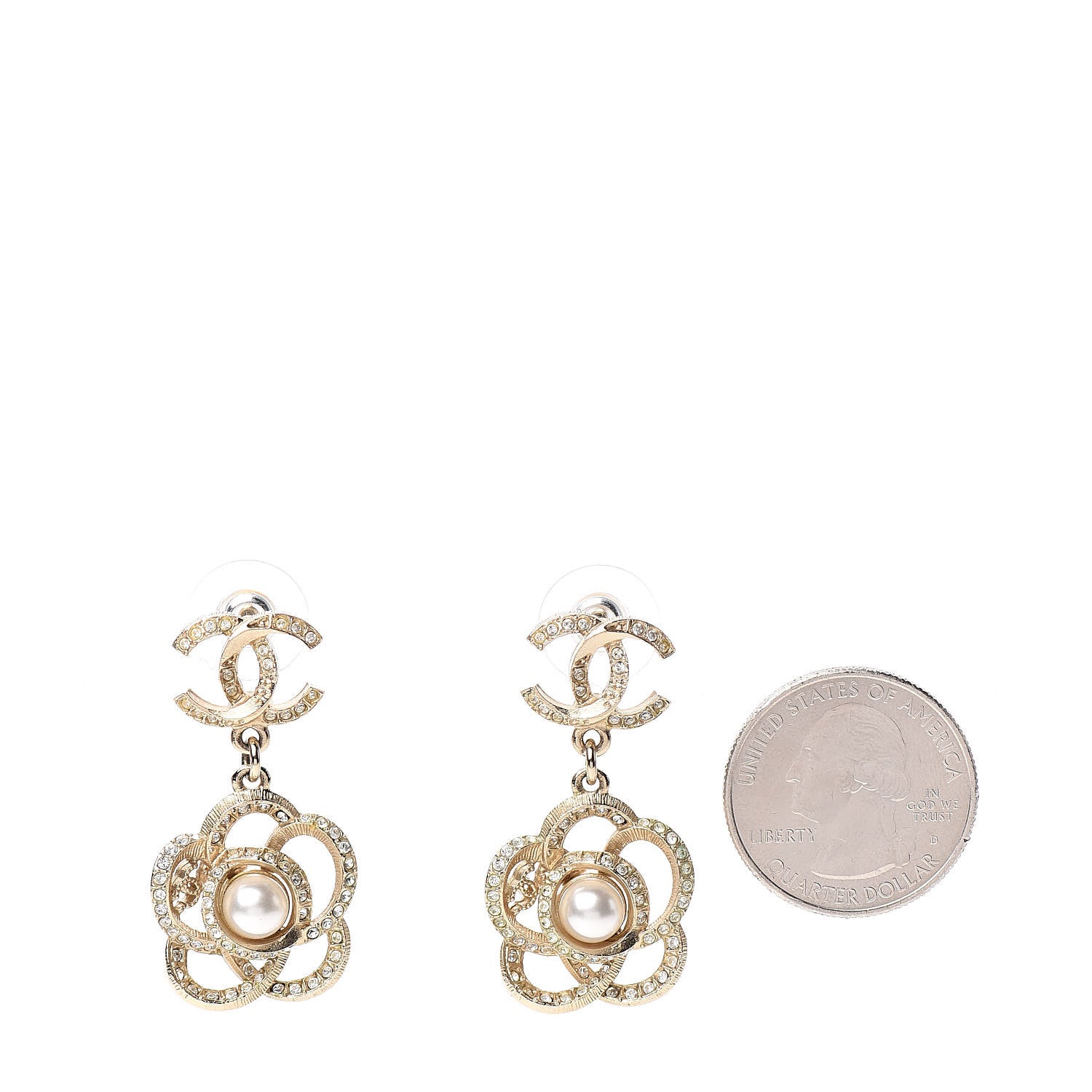 Chanel Crystal Pearl Camellia CC Drop Earrings Gold 2 of 5