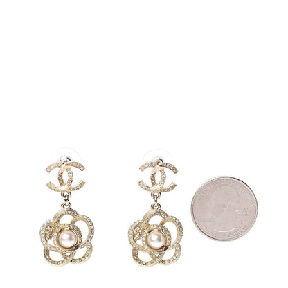 Chanel Crystal Pearl Camellia CC Drop Earrings Gold 2 of 5