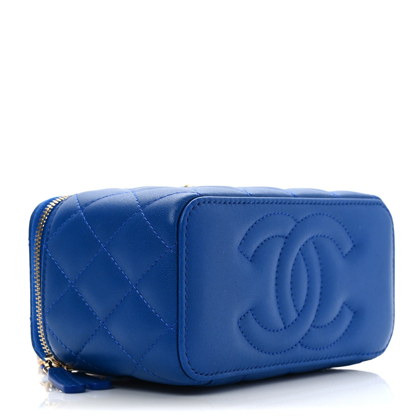 Lambskin Quilted Pearl Crush Small Vanity Case With Chain Blue