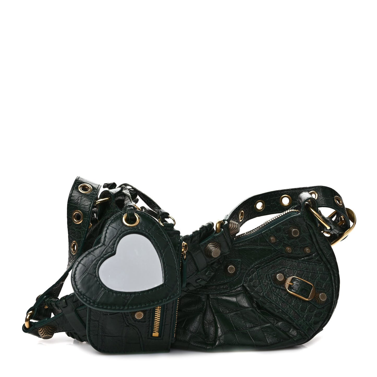 Extra Supple Calfskin Crocodile Embossed Le Cagole Shoulder Bag XS Forest Green