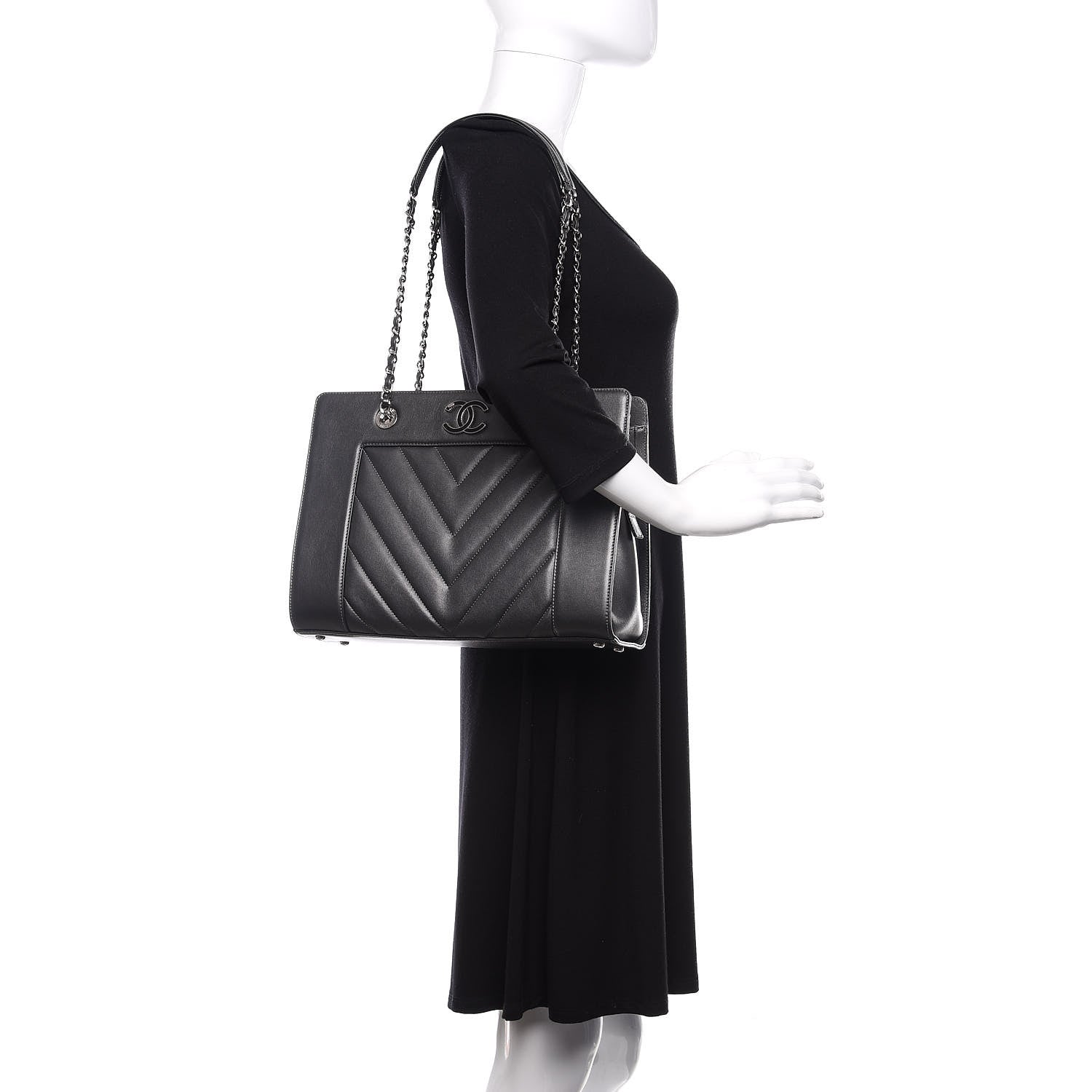 Chanel Sheepskin Chevron Quilted Mademoiselle Vintage Shopping Tote Dark Grey 2 of 11
