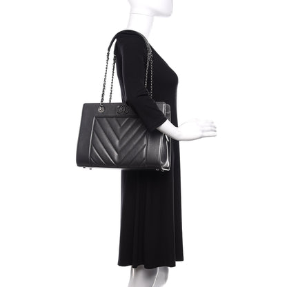 Chanel Sheepskin Chevron Quilted Mademoiselle Vintage Shopping Tote Dark Grey 2 of 11
