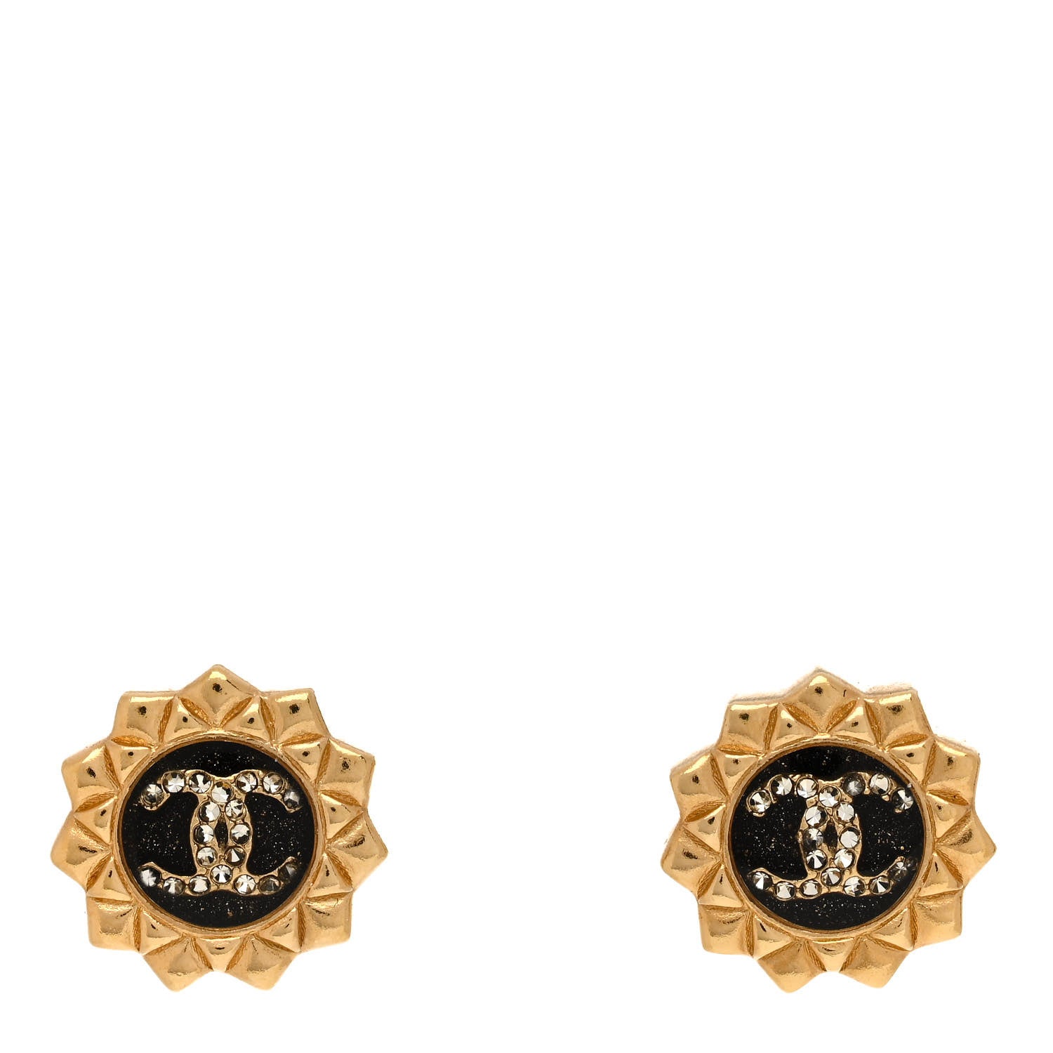 Chanel Metal Quilted Crystal CC Round Earrings Gold Black 1 of 5