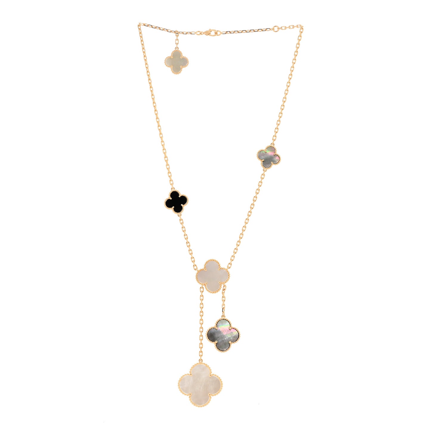 18K Yellow Gold Mother of Pearl Onyx 6 Motifs Magic Alhambra Necklace