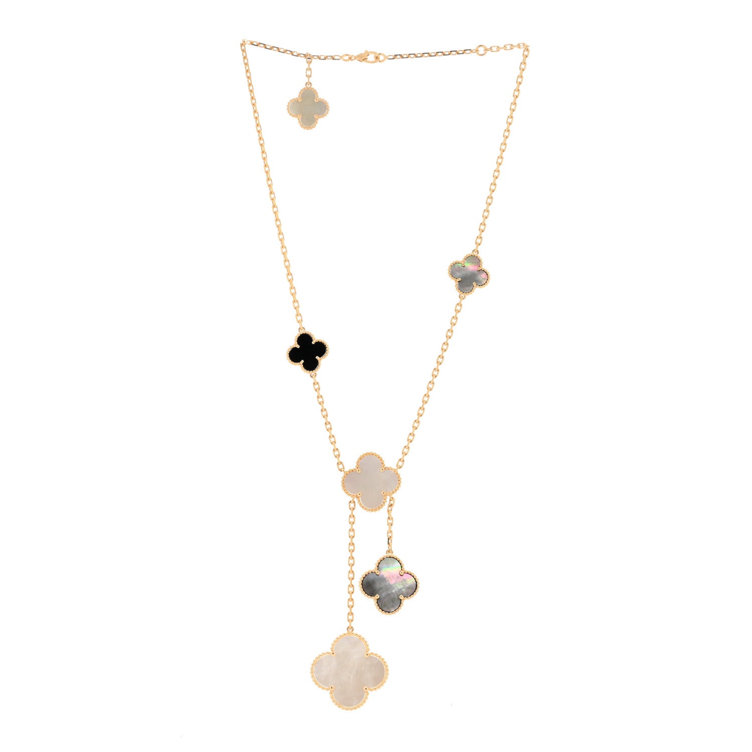 Van Cleef & Arpels 18K Yellow Gold Mother of Pearl Onyx 6 Motifs Magic Alhambra Necklace 2 of 3