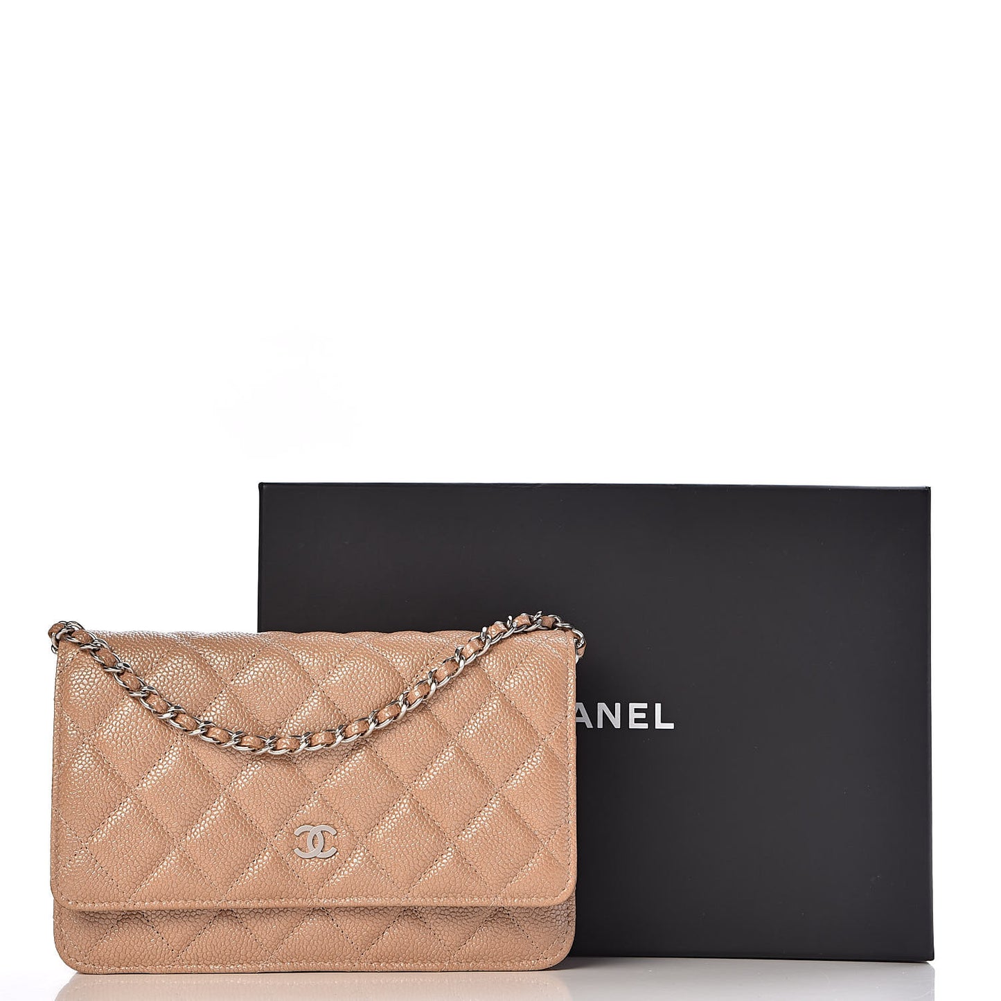Pearly Caviar Quilted Wallet On Chain WOC Dark Beige