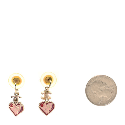 Chanel Enamel Valentine CC Heart Drop Earrings Pink Gold 3 of 10