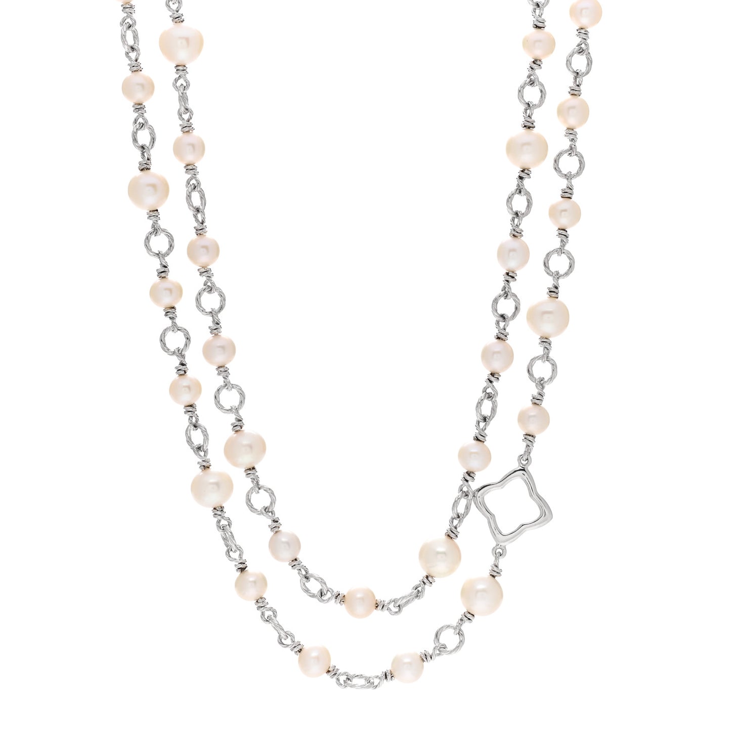 Sterling Silver Pearl 9mm Quatrefoil Long Chain Necklace