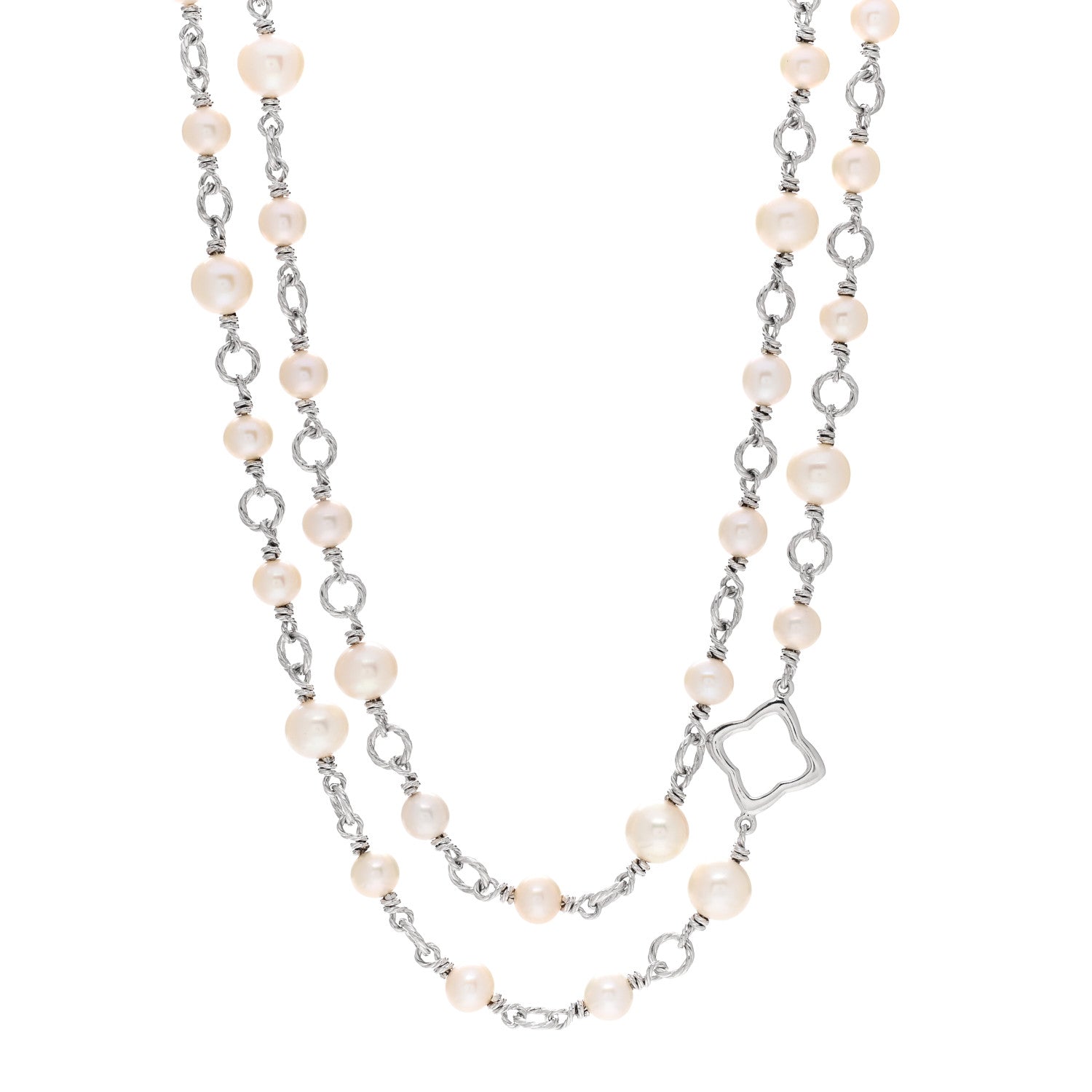 David Yurman Sterling Silver Pearl 9mm Quatrefoil Long Chain Necklace 1 of 4